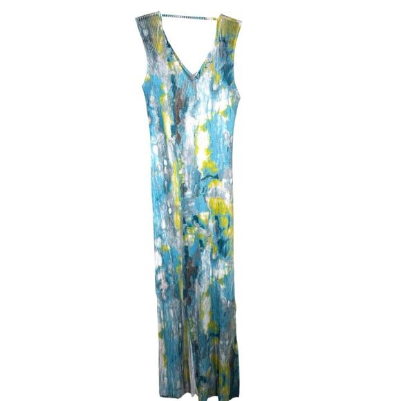 Komarov Maxi Dress Crinkle Mesh Blue Semi Sheer Watercolor Fairycore Girly Large - Picture 7 of 9